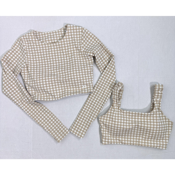 Astoria Activewear Set Womens Small Gingham Sports Bra Long Sleeve Crop Top Prep - Picture 1 of 9